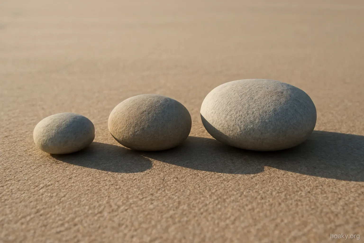 three stones of increasing size placed in a row on flat sand, morning shadows stretching to one side