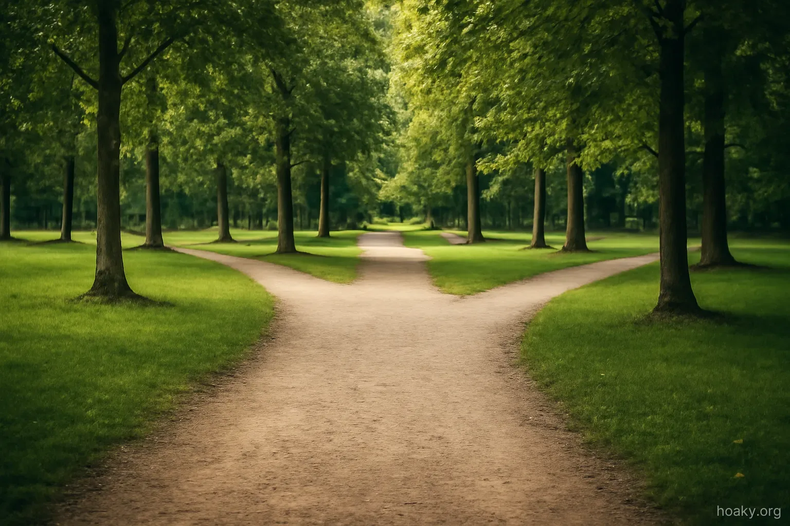 three separate paths diverging in a park, each leading away between different rows of trees