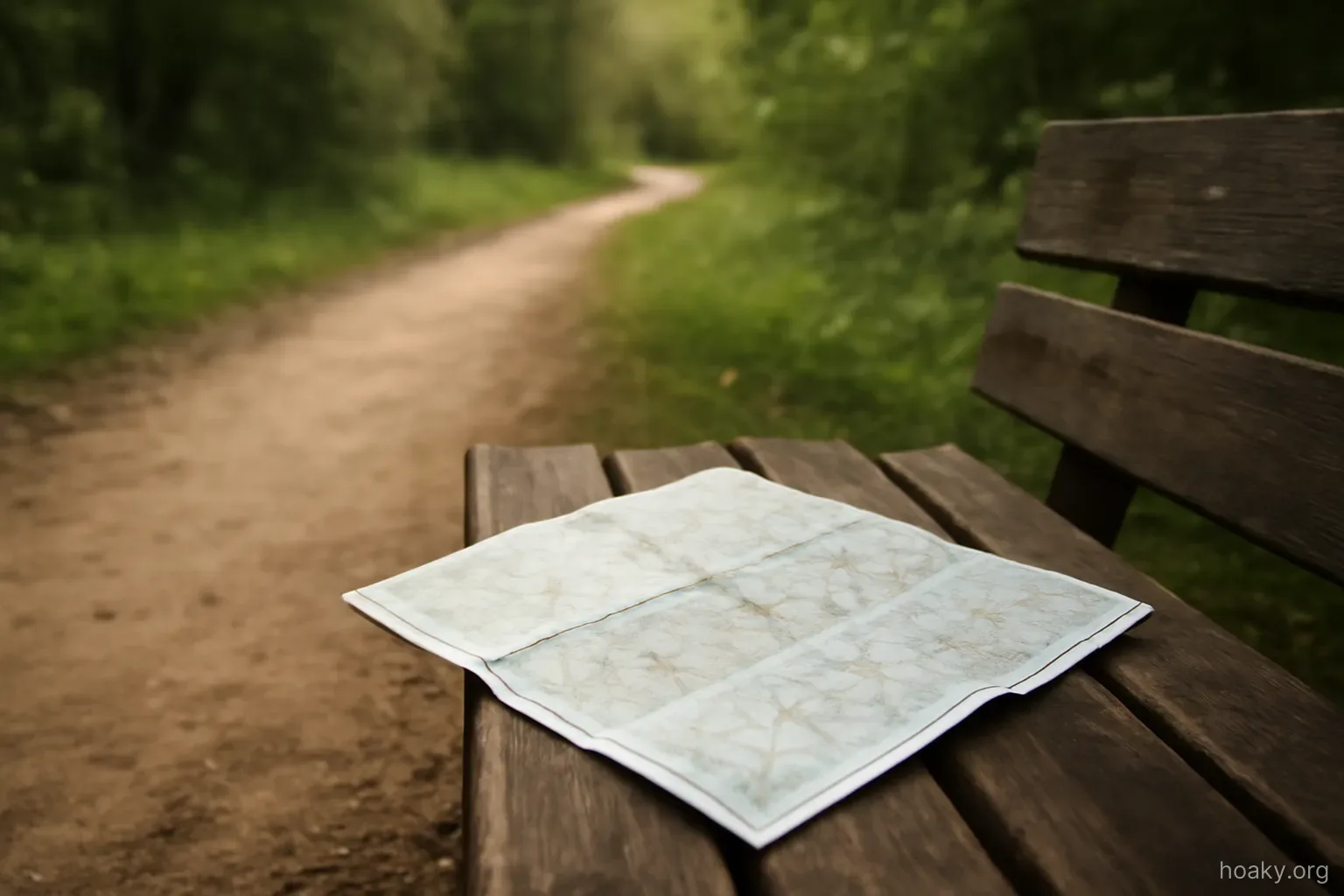 a folded paper map lying on a bench at the edge of a trail where the path continues out of frame