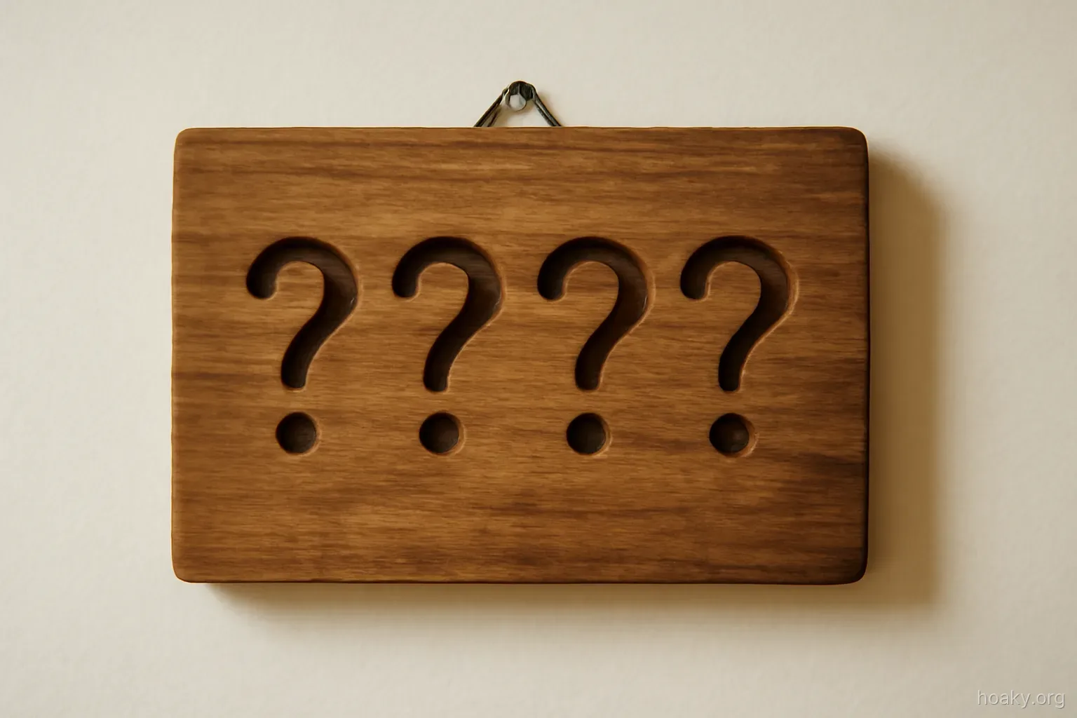 four small question marks carved into a wooden board hanging on a plain wall, viewed straight on