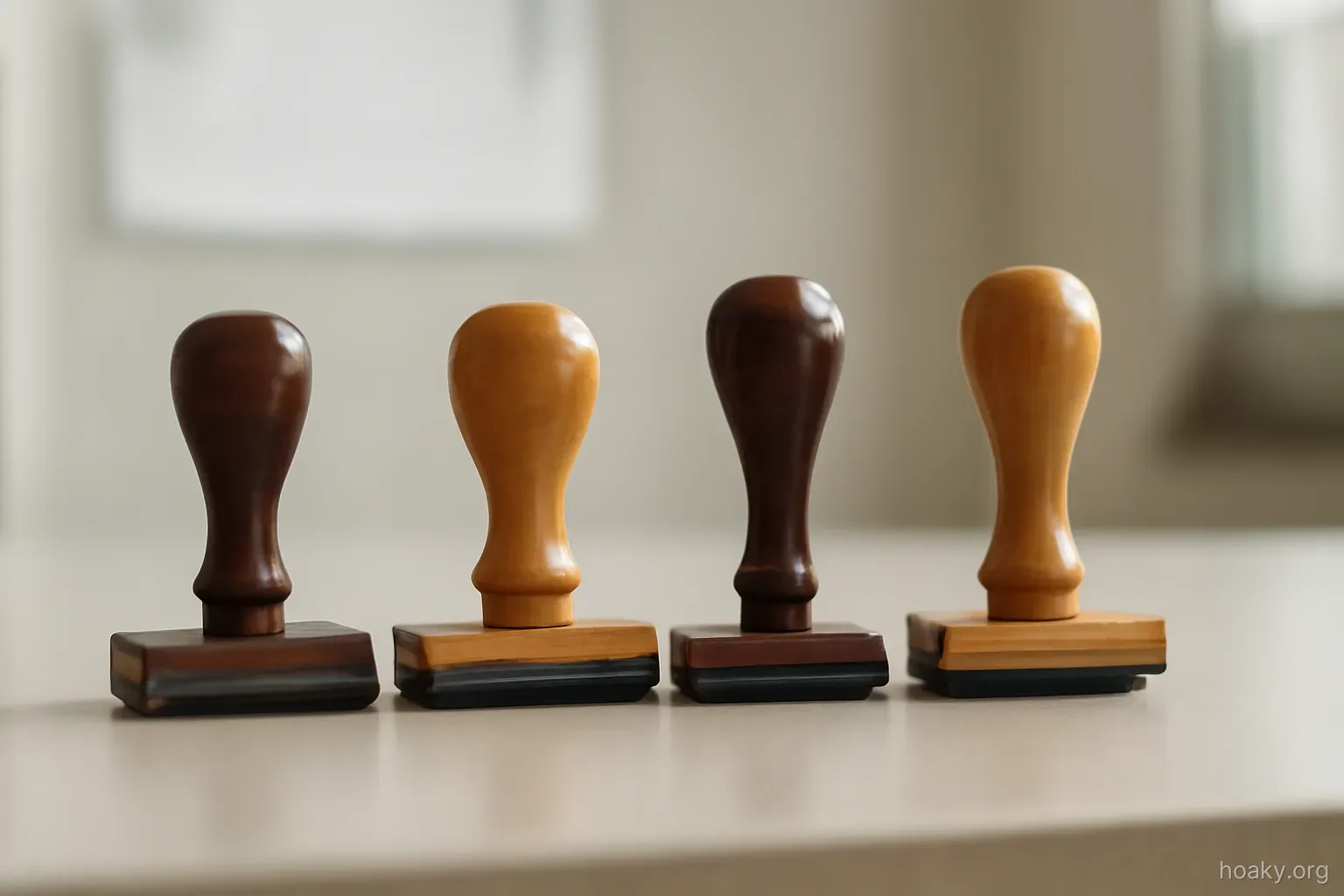 four different official rubber stamps lined up on a counter, each with a distinct wooden handle