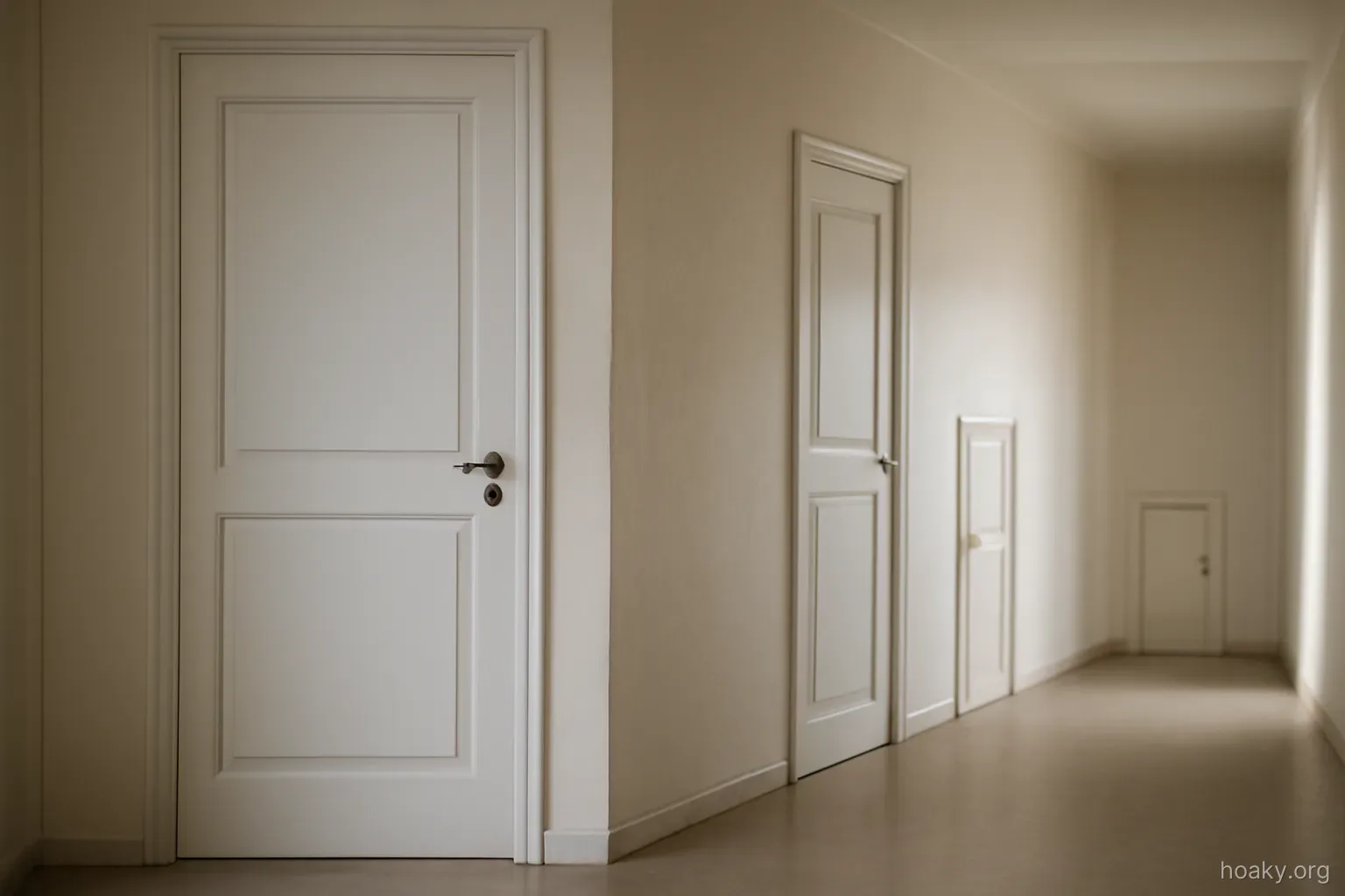 four separate doors along one long corridor, each a different size, viewed straight on from the middle