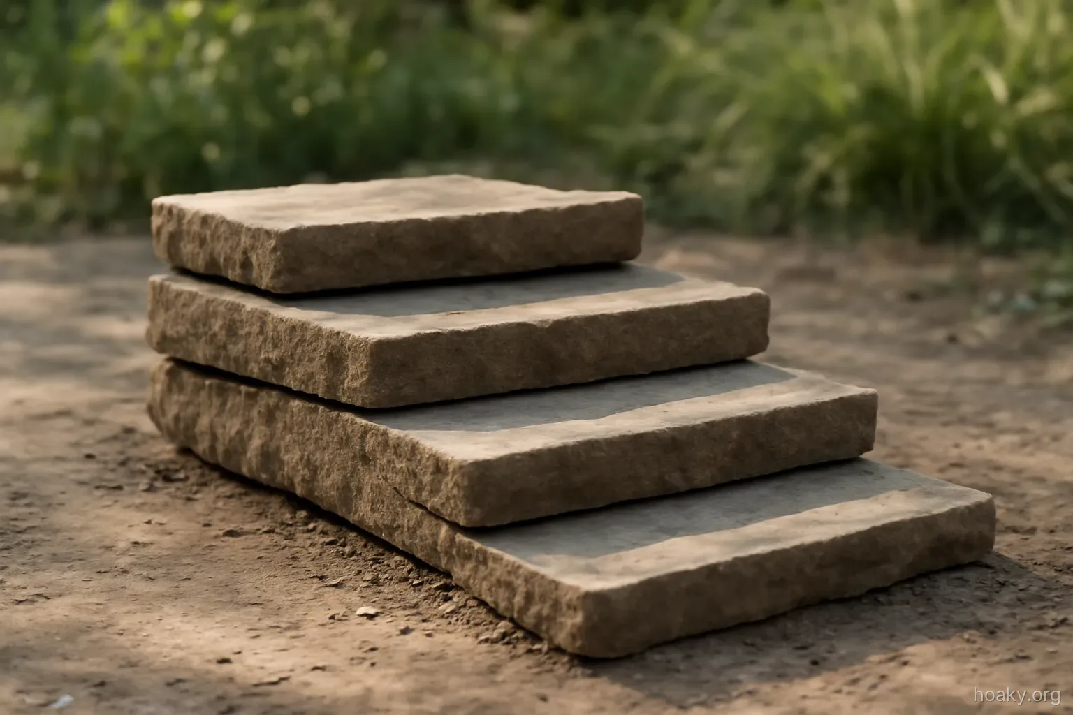 four stacked stone slabs of decreasing thickness forming a low step structure outdoors
