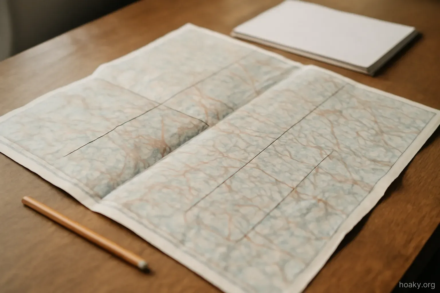 a large folded map spread open on a desk with four straight lines drawn across it in pencil