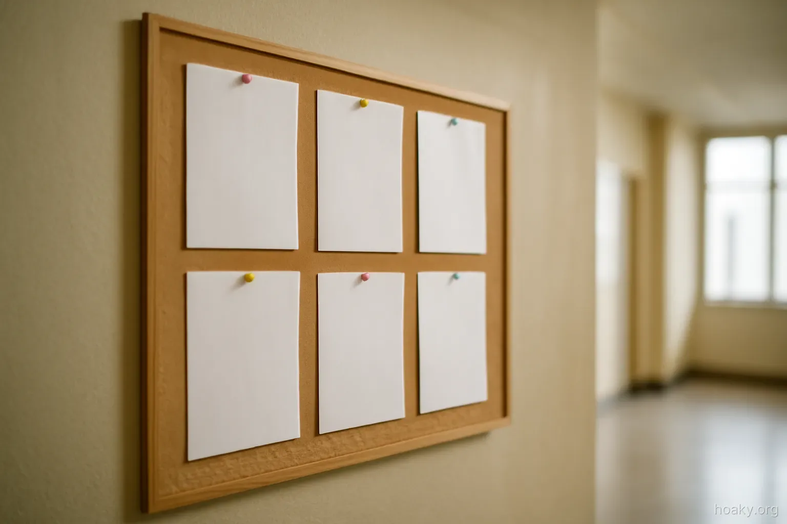 a public notice board in a hallway with several blank sheets pinned to it, viewed at an angle