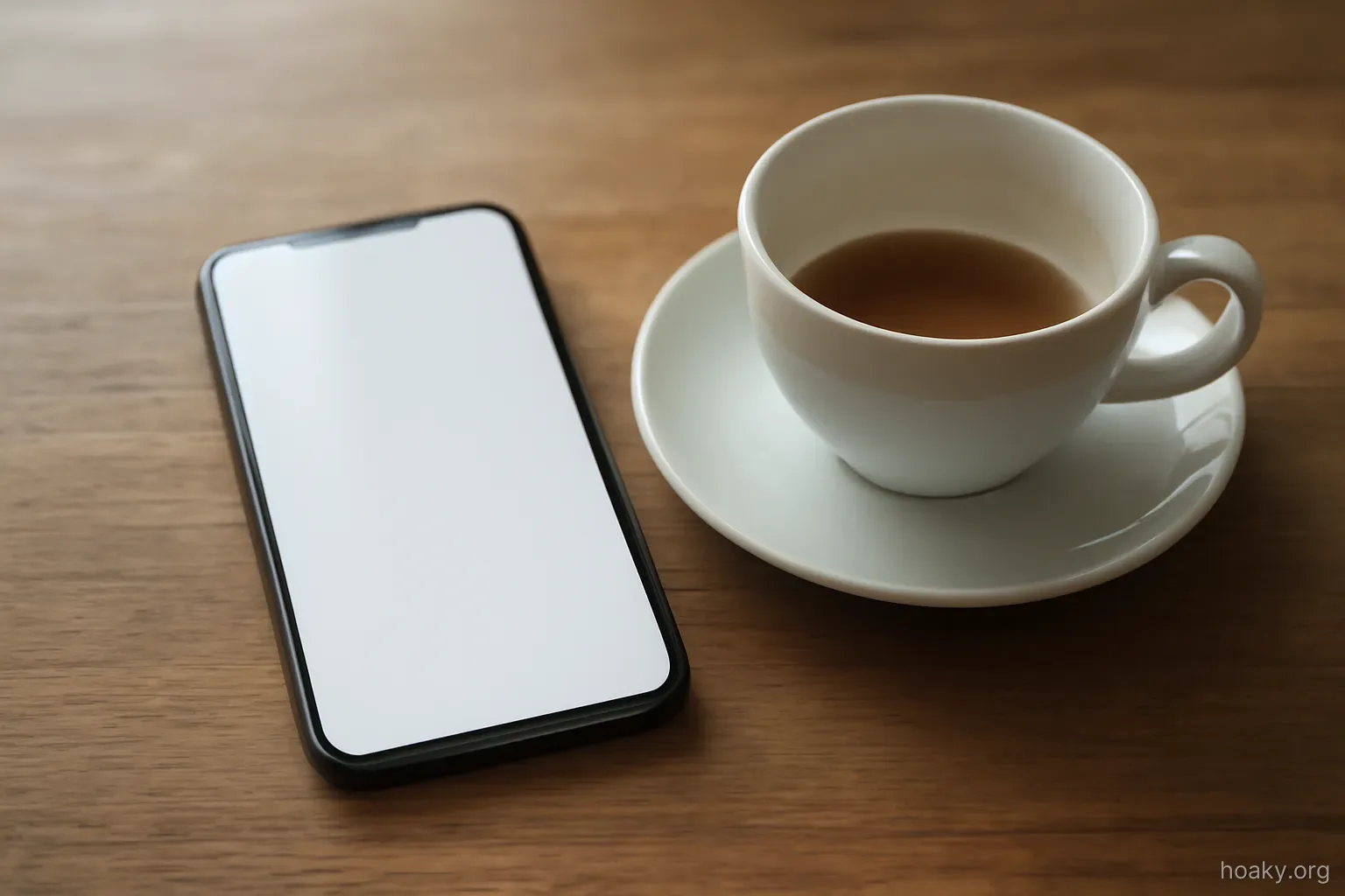 a phone lying face up on a table showing a blank screen beside a half finished cup of tea