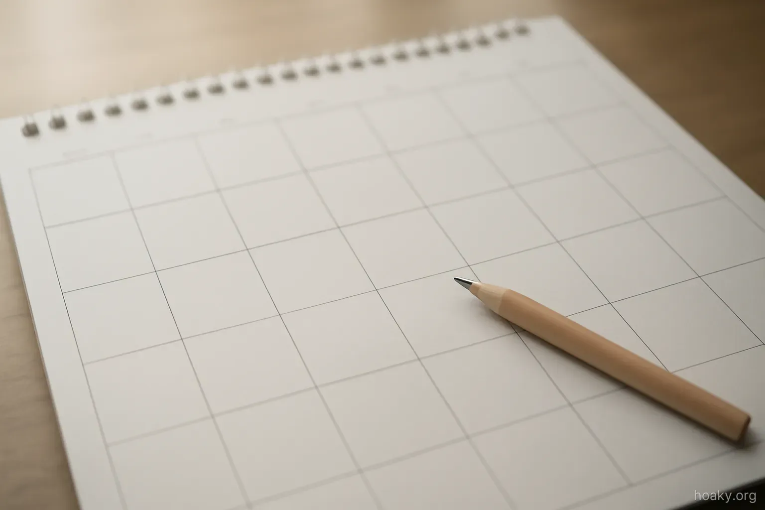 a wall calendar with many identical unmarked squares and one small pencil resting on it