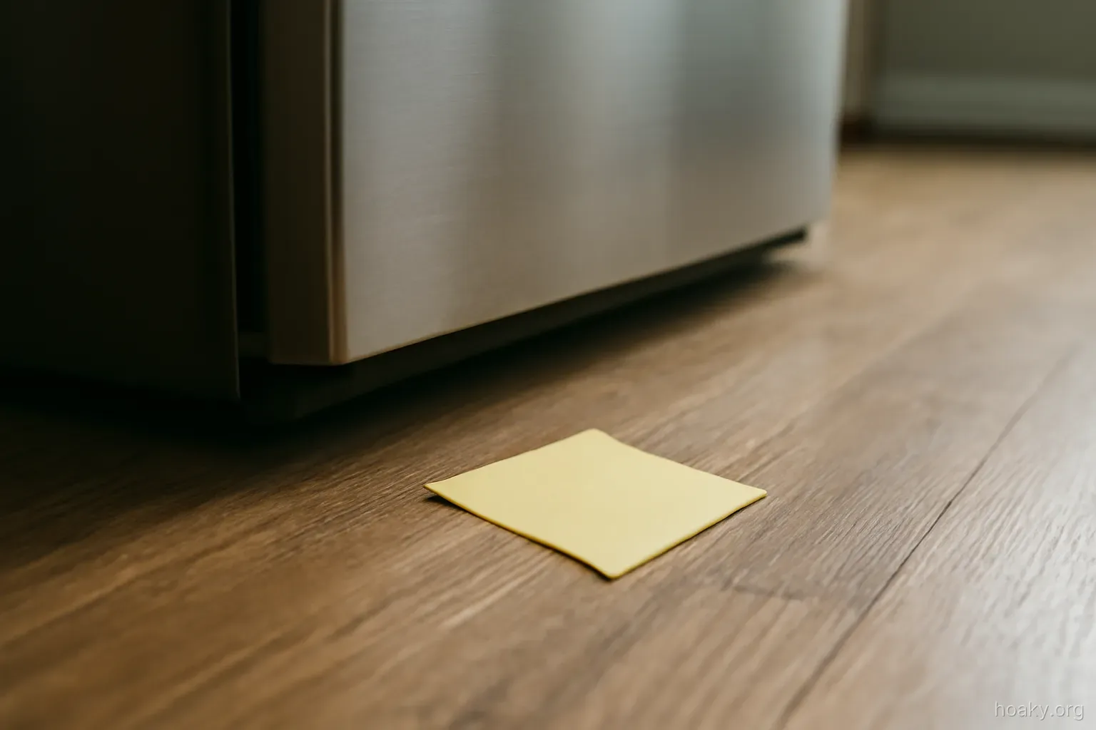 a sticky note that has fallen off a refrigerator door and lies face down on the floor
