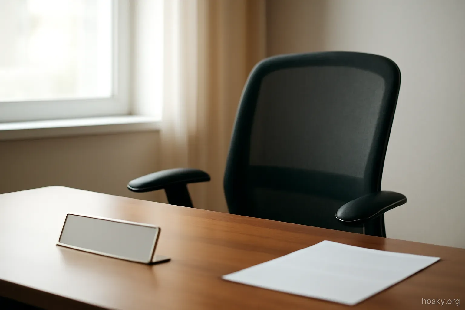 an empty office chair behind a desk with a nameplate holder left blank, soft daylight from a window