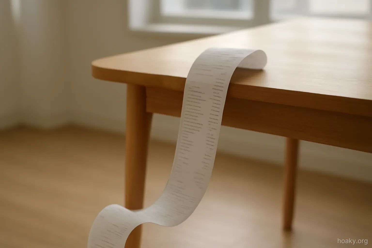 a long paper receipt trail unrolling across a table and over its edge onto the floor