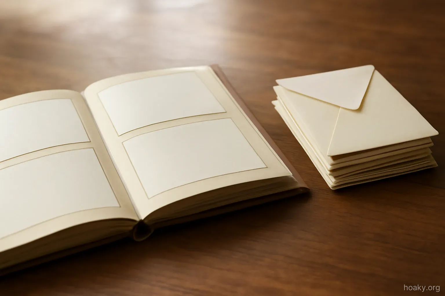 an open photo album and a stack of envelopes arranged side by side on a wooden table