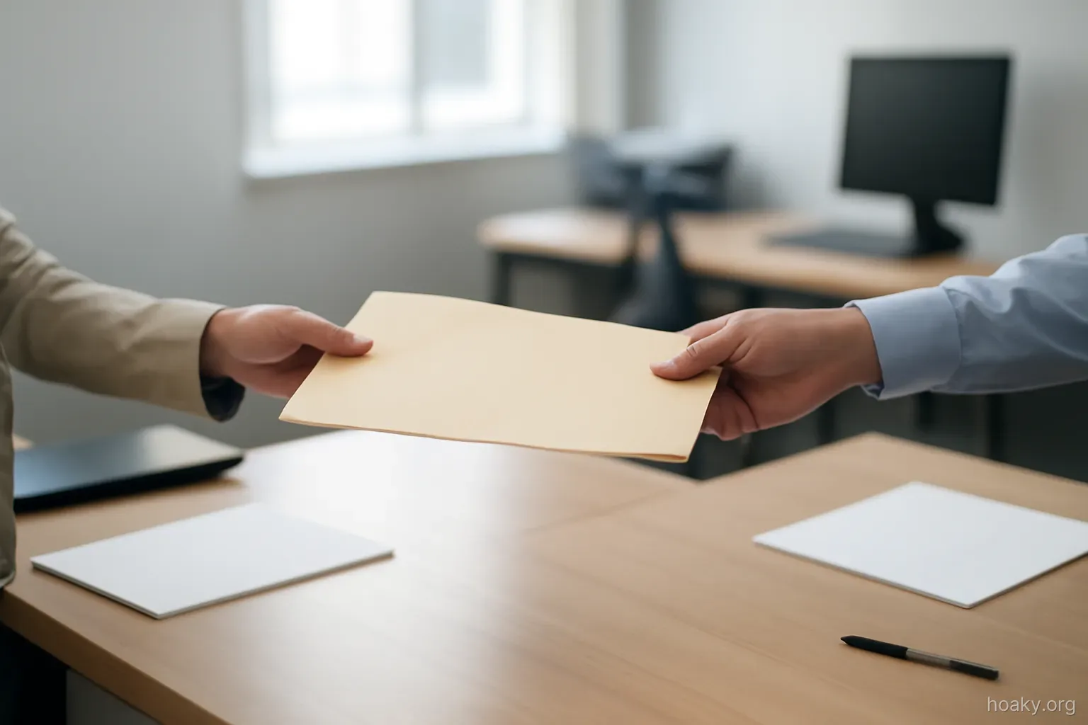 a paper folder passing from one pair of hands to another across three different desks in sequence