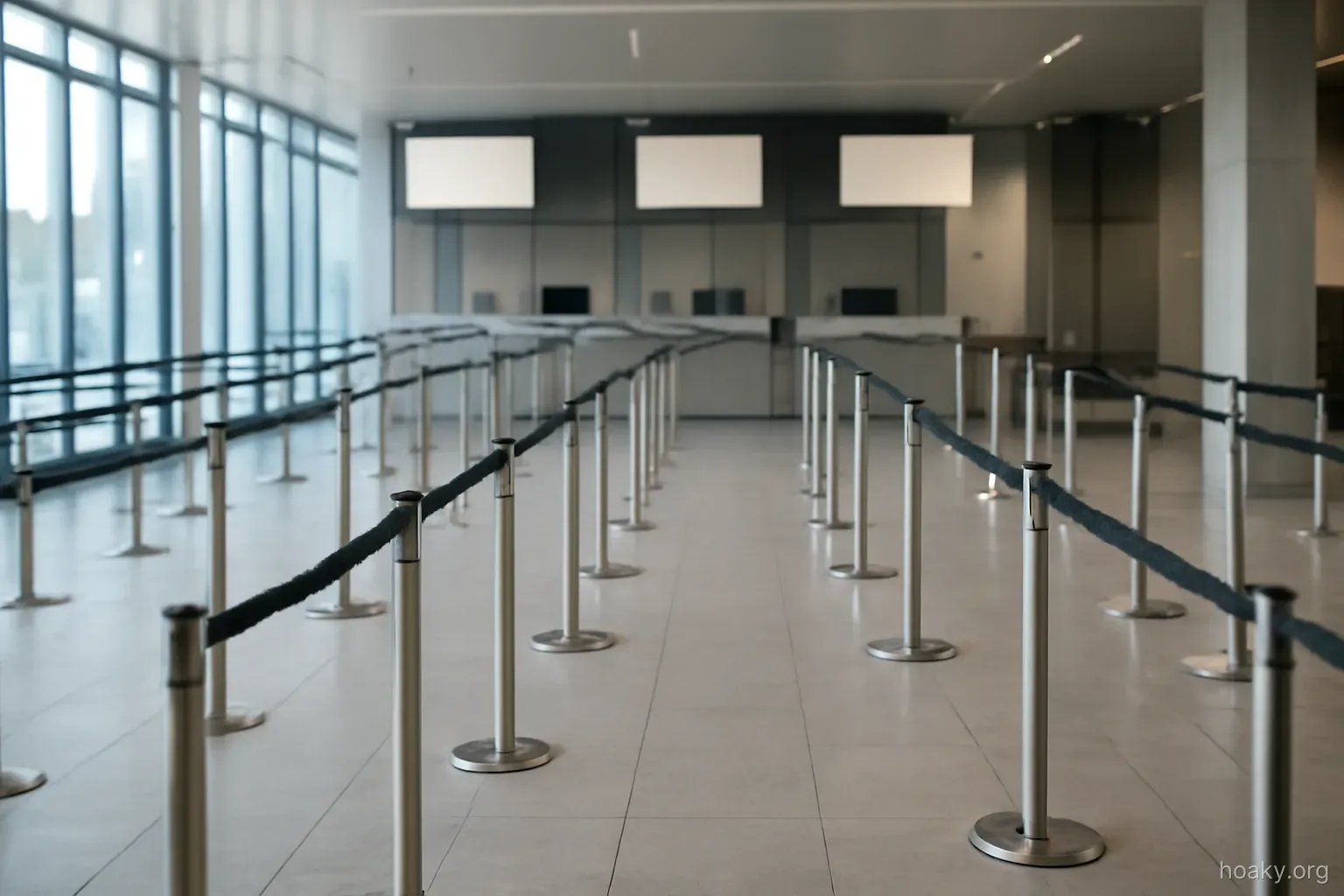 an empty arrivals hall with rope barriers forming a winding lane toward a row of booths