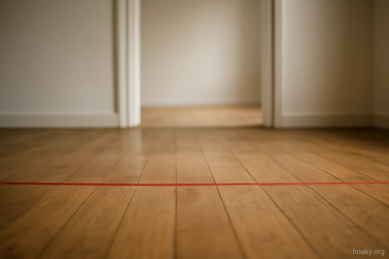 a line drawn across a wooden floor with a doorway behind it, room otherwise empty