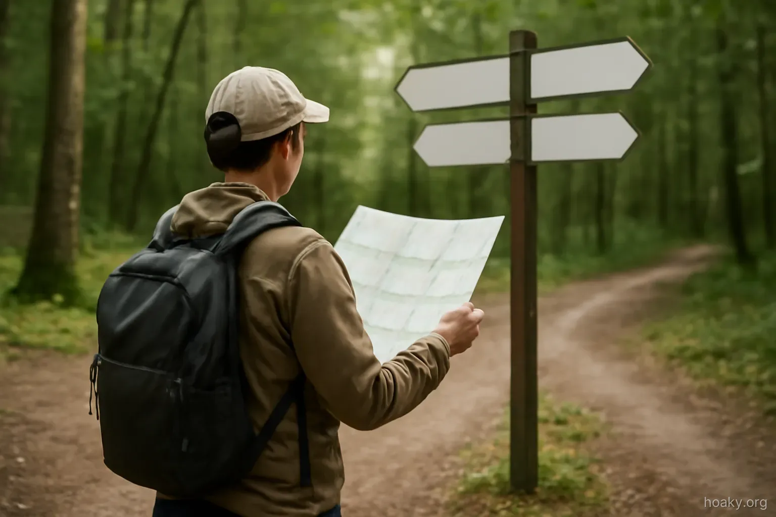 a person standing at a junction of several marked trails, holding a map and looking at the signpost