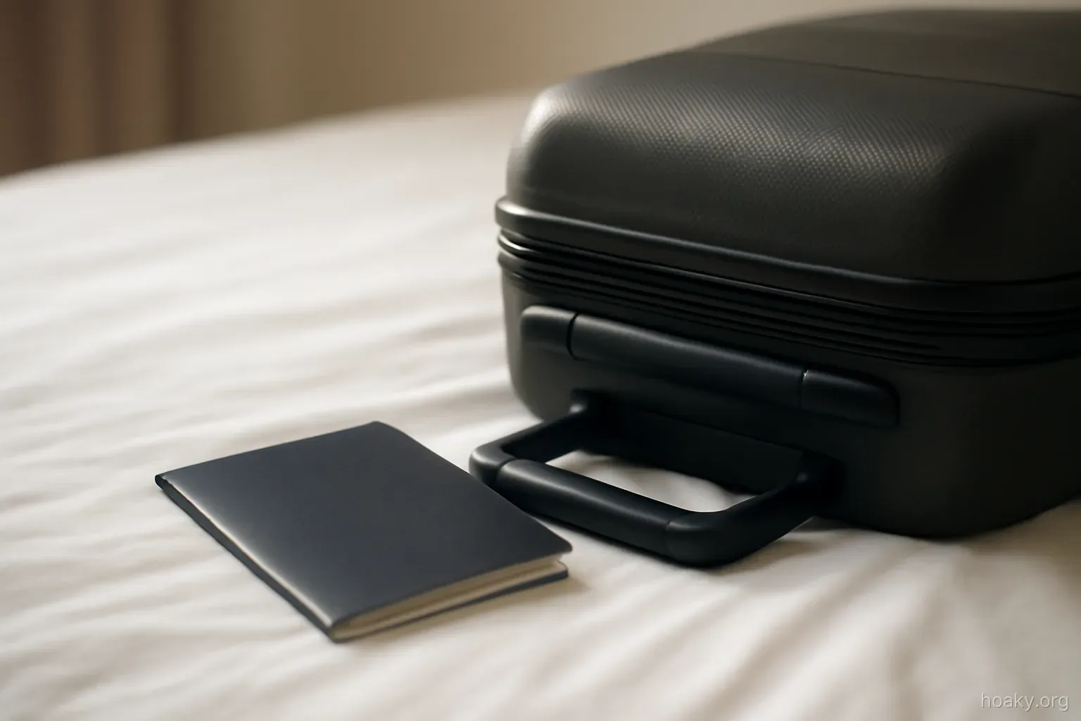 a passport lying closed next to a packed suitcase handle on a hotel bed, neutral lighting