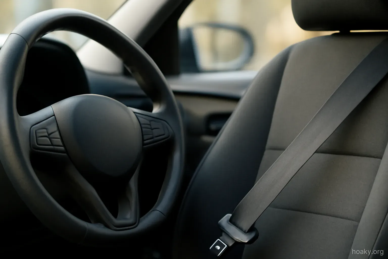 a steering wheel on the left half of the frame and a passenger seat belt on the right half