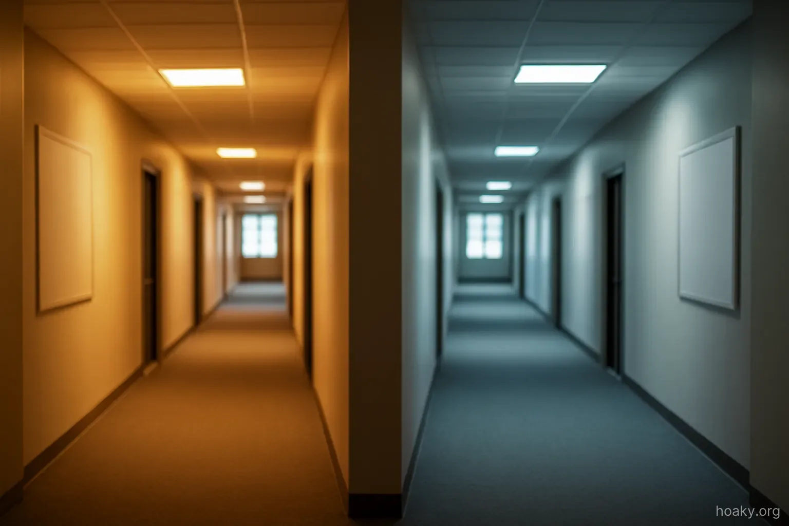 two parallel hallways branching from the same lobby, one lit warmly and one lit coolly