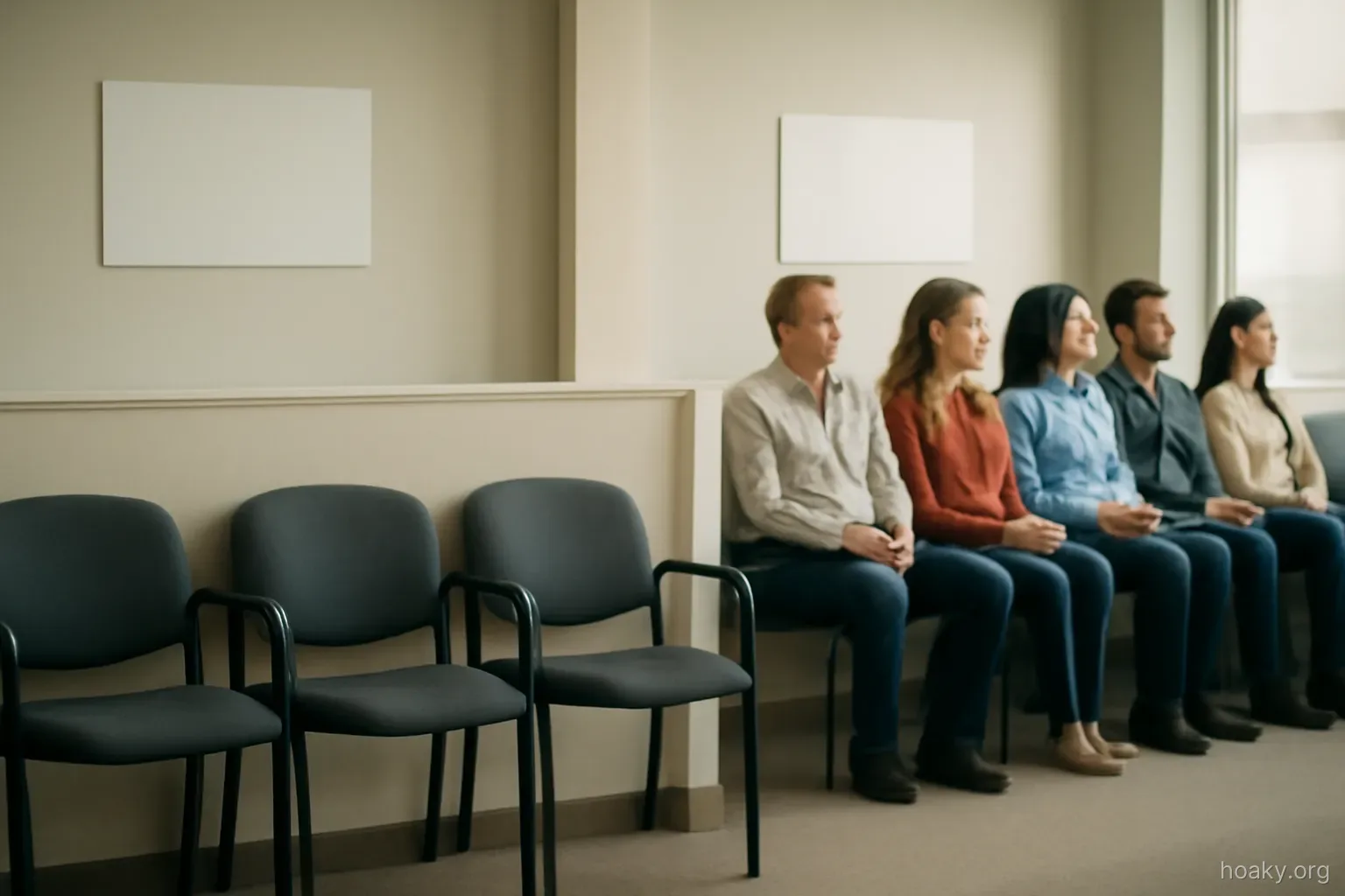 two groups of chairs in a waiting room separated by a low wall, one group empty and one full