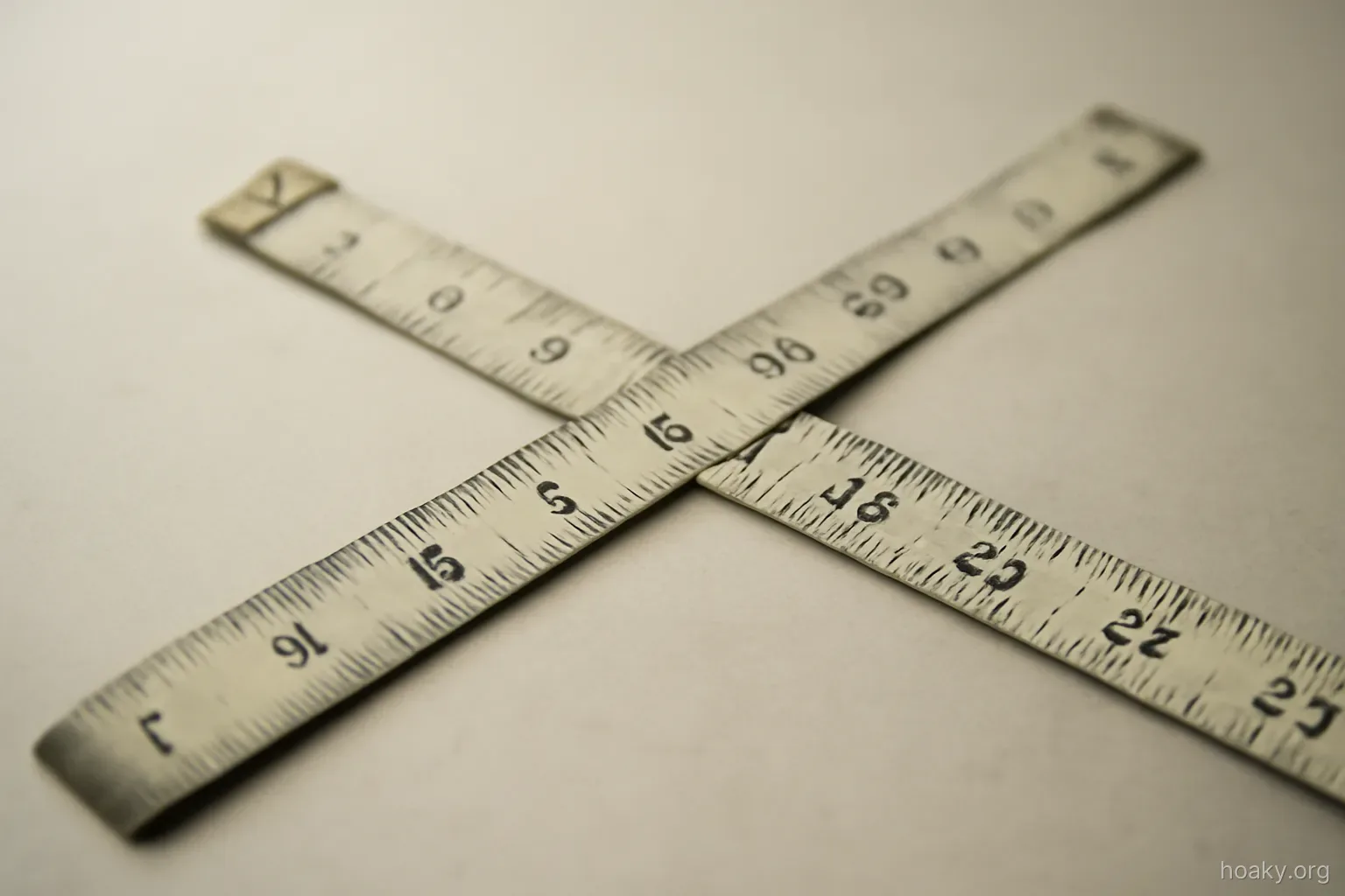 two measuring tapes of different lengths lying crossed over each other on a plain surface
