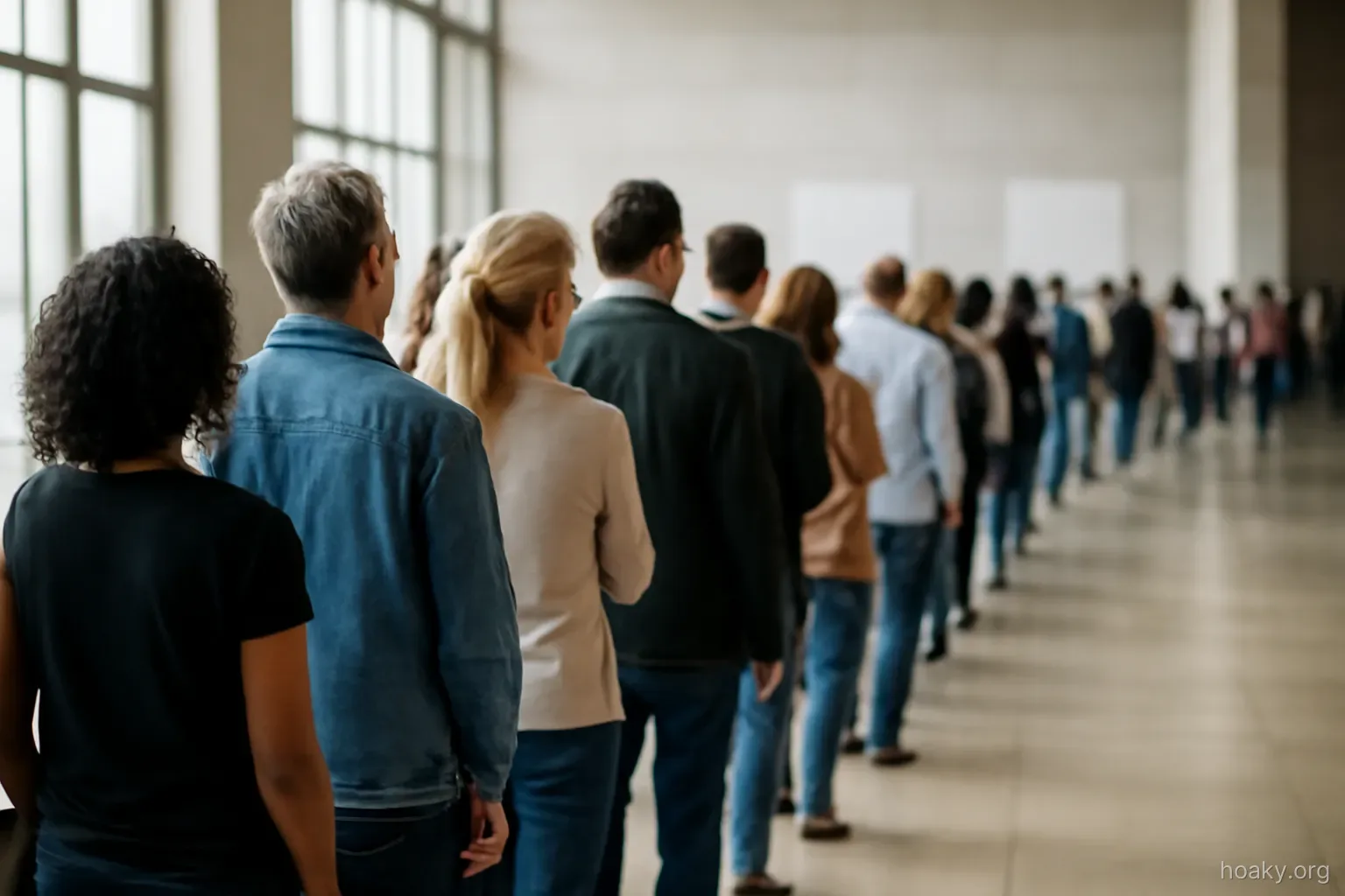 a long line of people standing in a wide hall, some sections of the line much longer than others