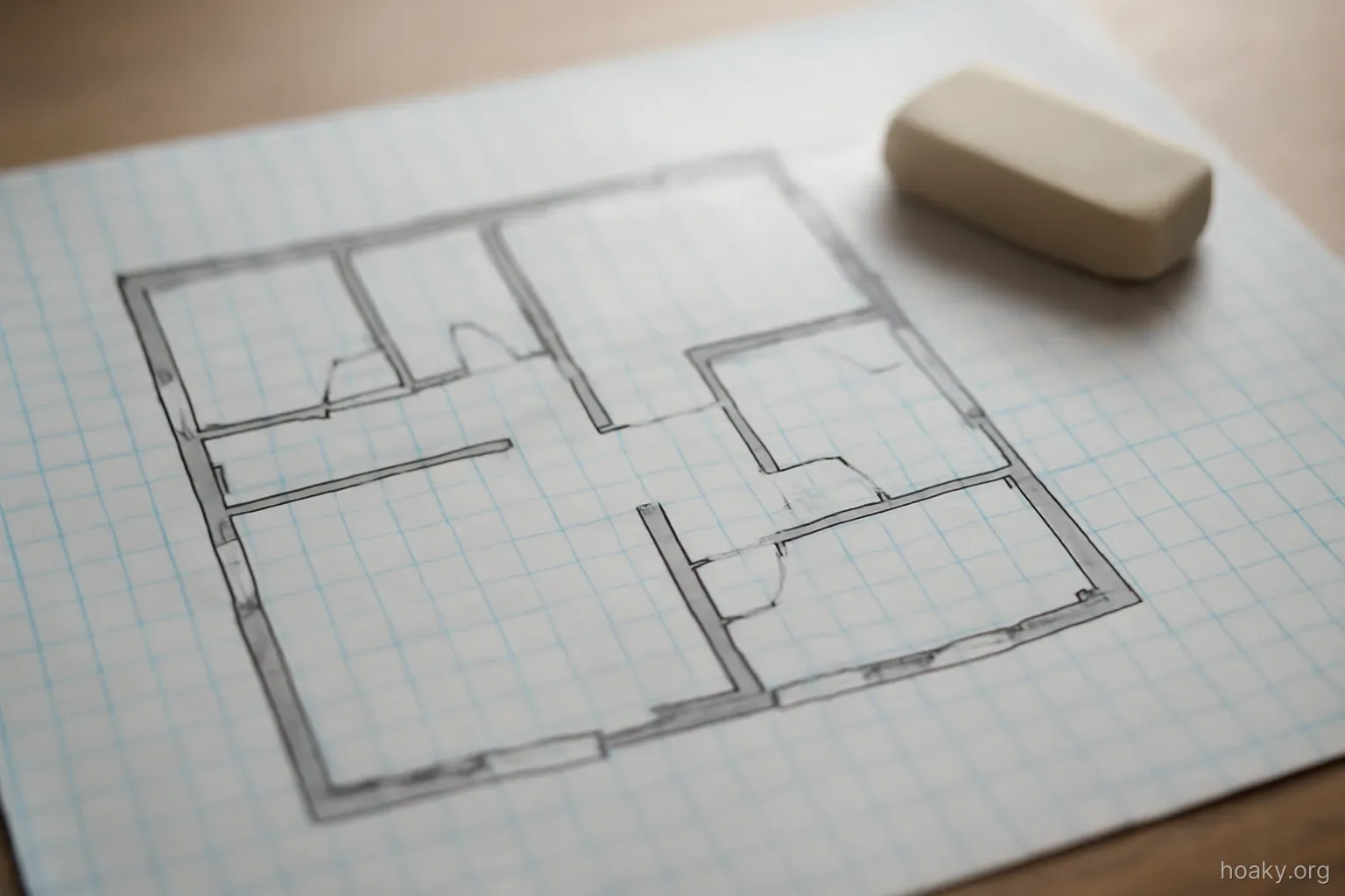 a pencil sketch of a floor plan on graph paper with an eraser resting on one corner