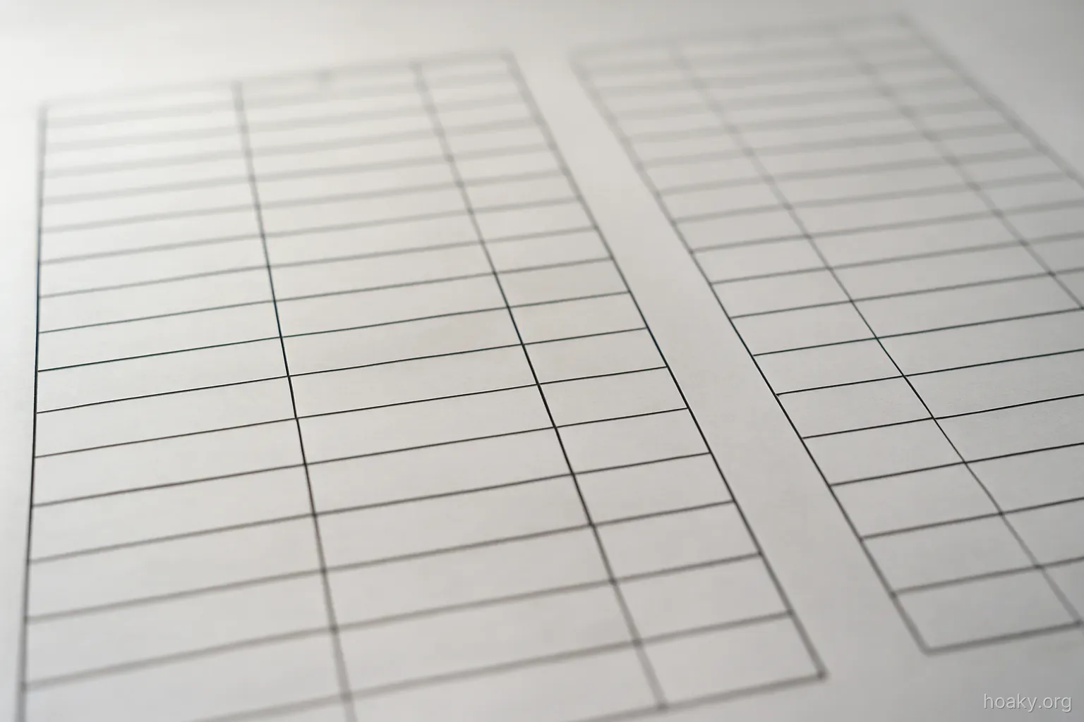 two columns of a printed table side by side on a large sheet, shot close with shallow focus