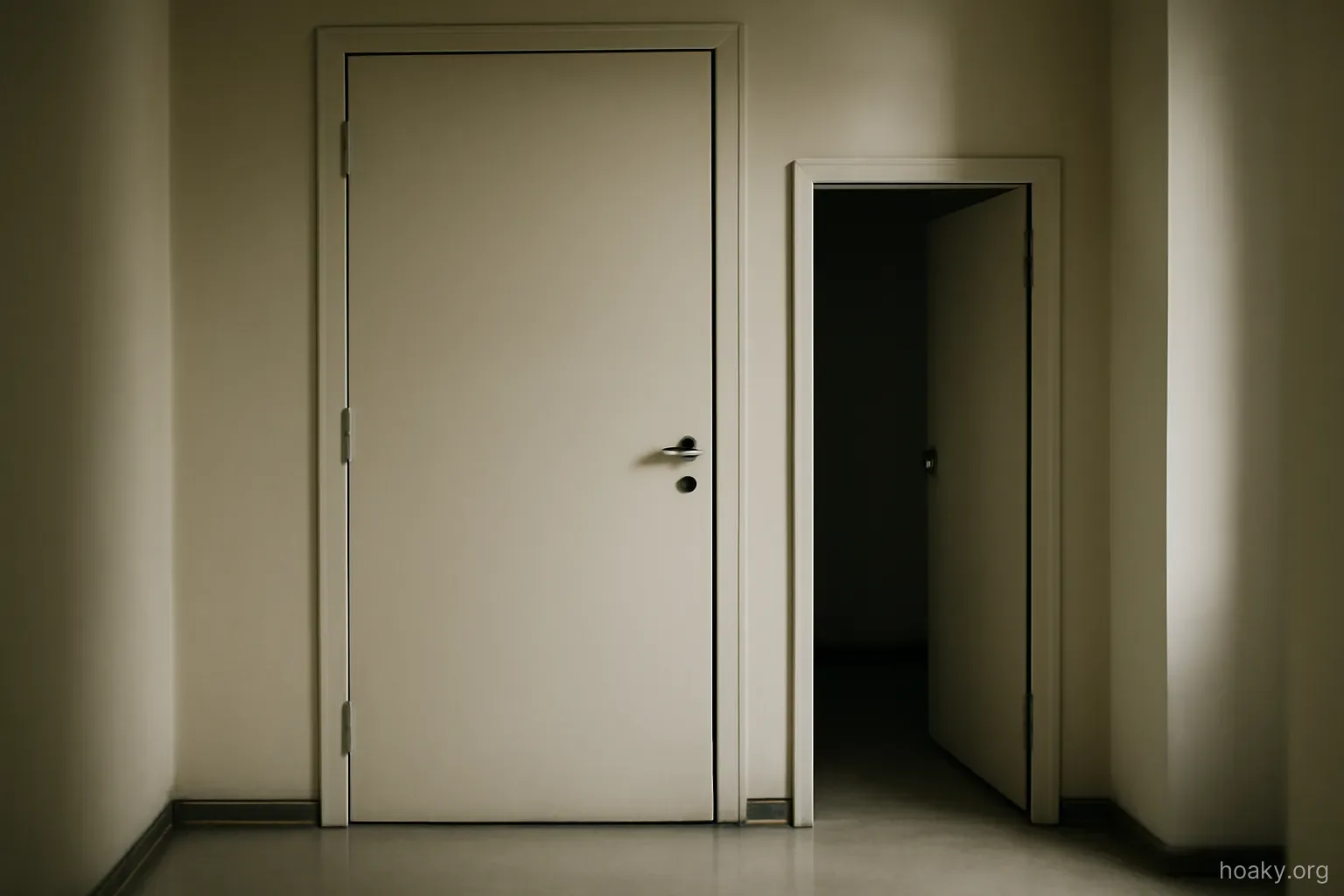 a closed door with a second smaller door beside it slightly ajar, plain corridor lighting