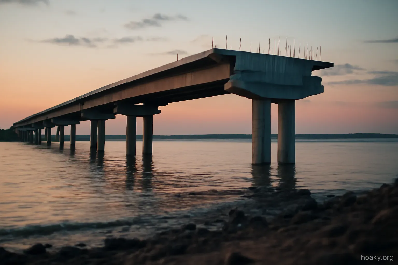 a bridge partly built out over water, stopping midway, photographed from the shore at dusk