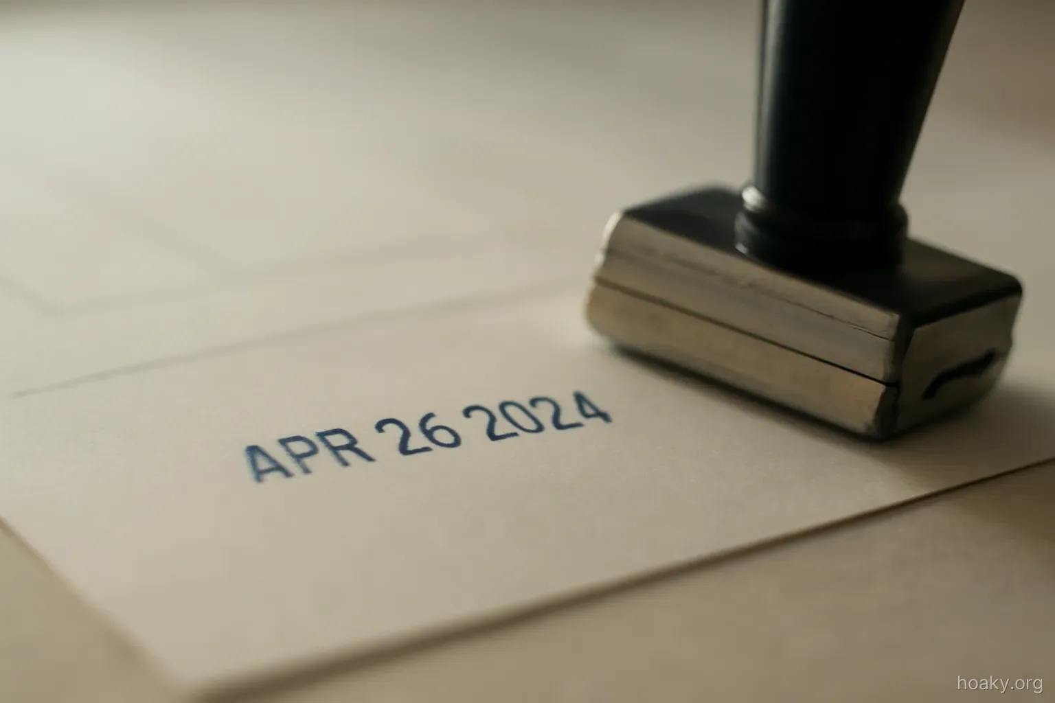 a date stamp pressed onto the corner of a paper form, close view from a low angle