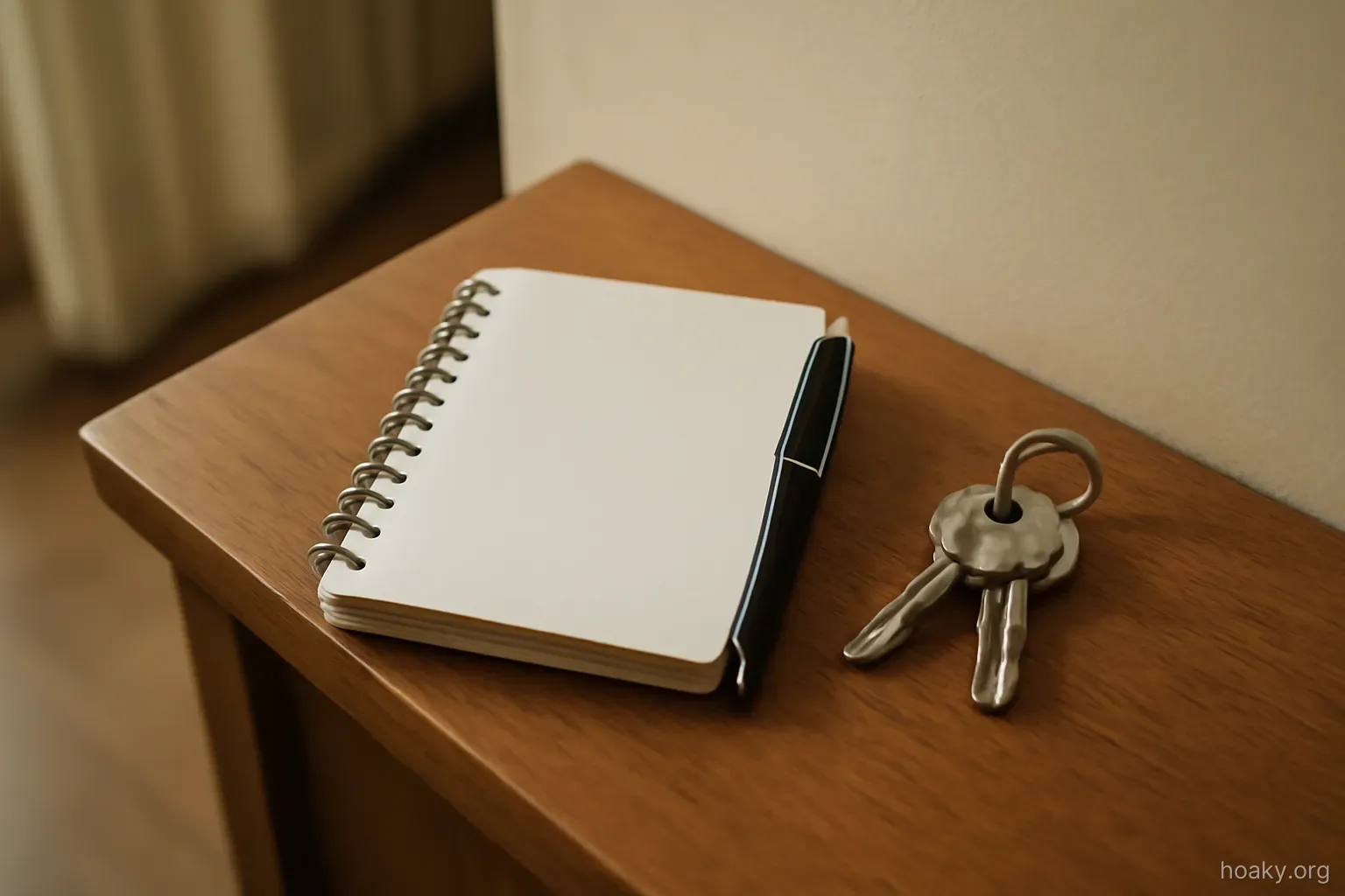 a small notebook with a pen clipped to it placed beside a set of keys on a hallway shelf