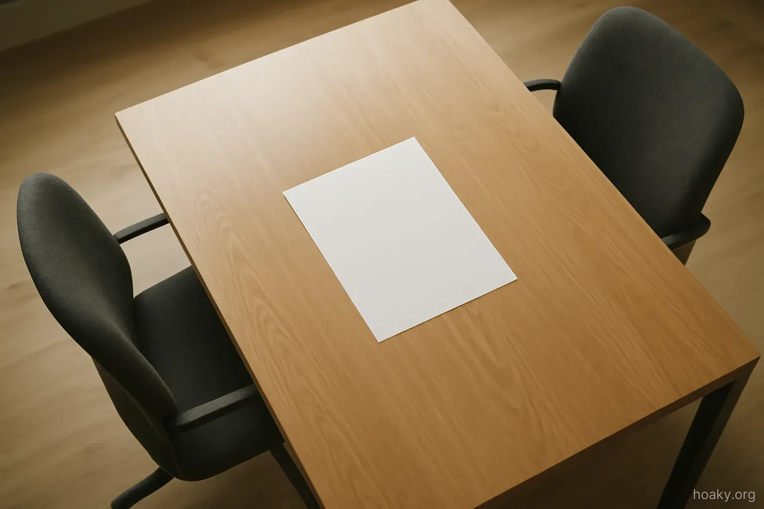 two chairs facing a single desk with one document lying between them, seen from above