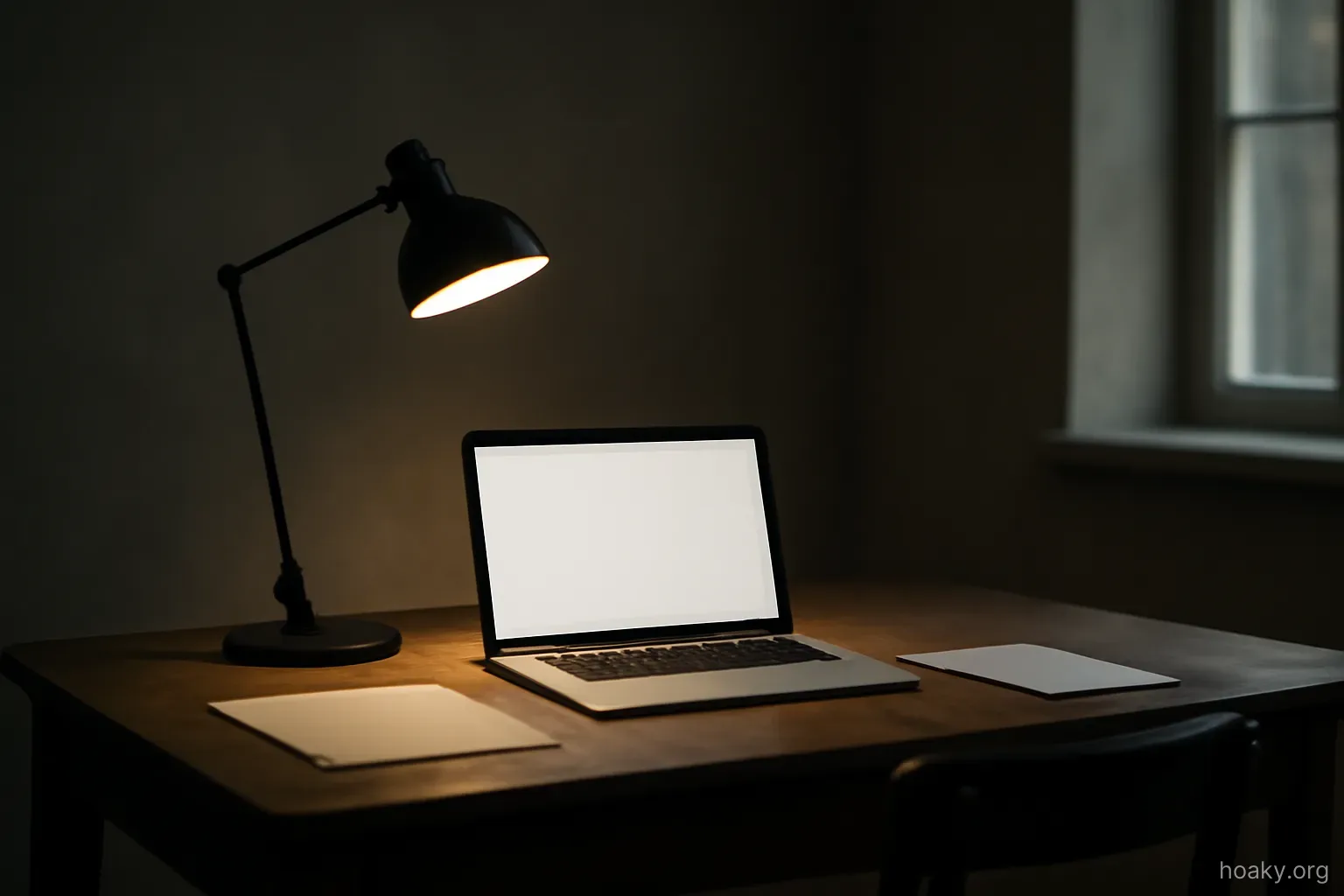 a single desk lamp lighting one workspace in an otherwise dim room, no people present