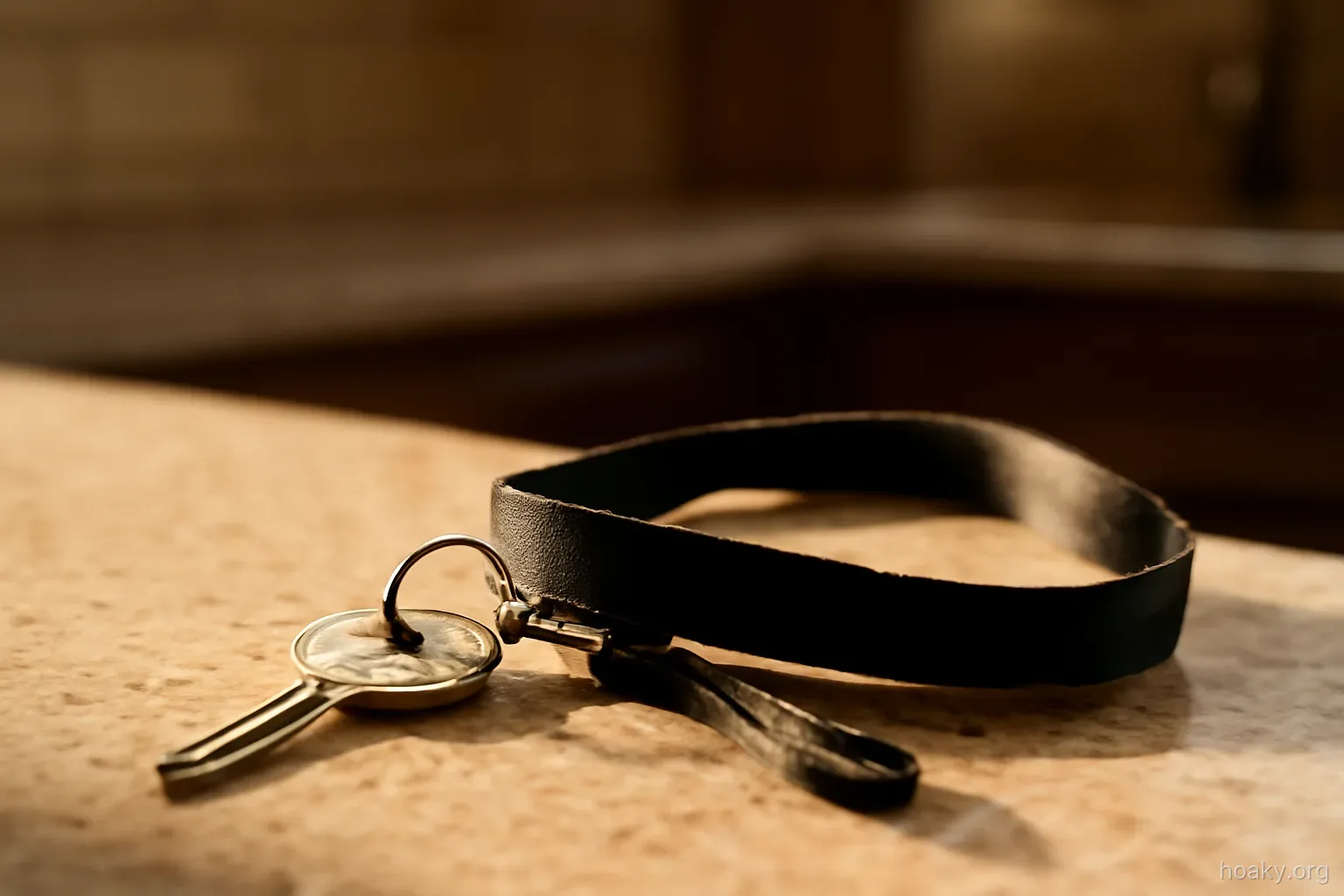 a set of house keys and a lanyard lying together on a kitchen counter in morning light