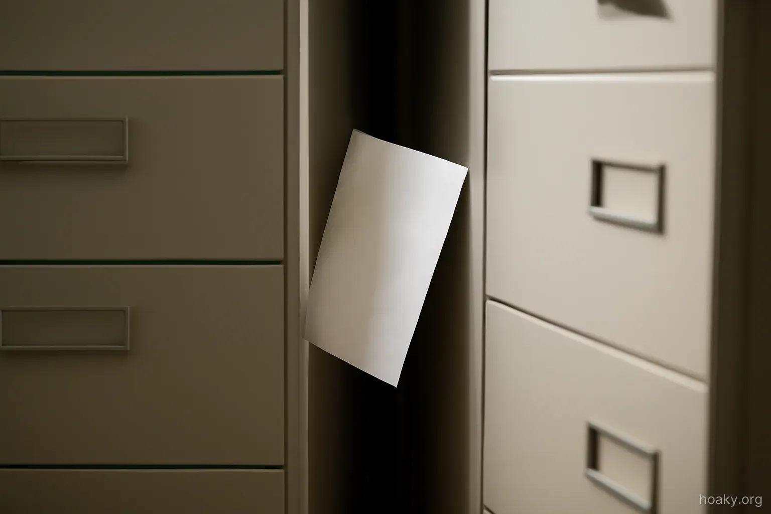 a narrow gap between two tall filing cabinets with a single sheet of paper caught in it