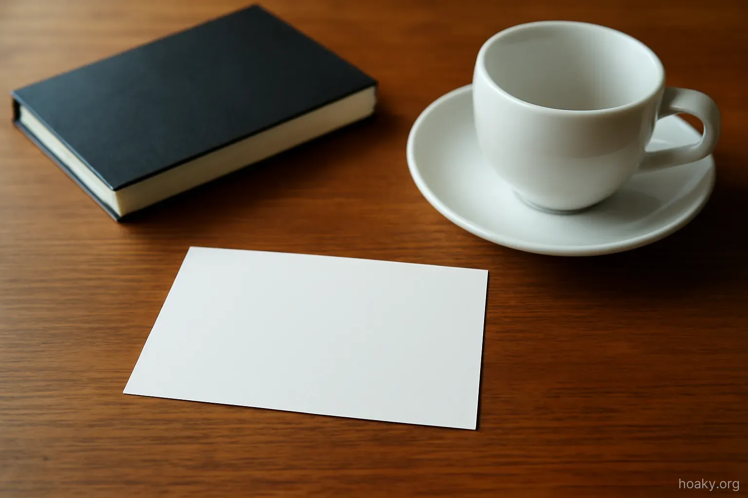a plain card lying flat on a table with a closed notebook beside it and an empty coffee cup