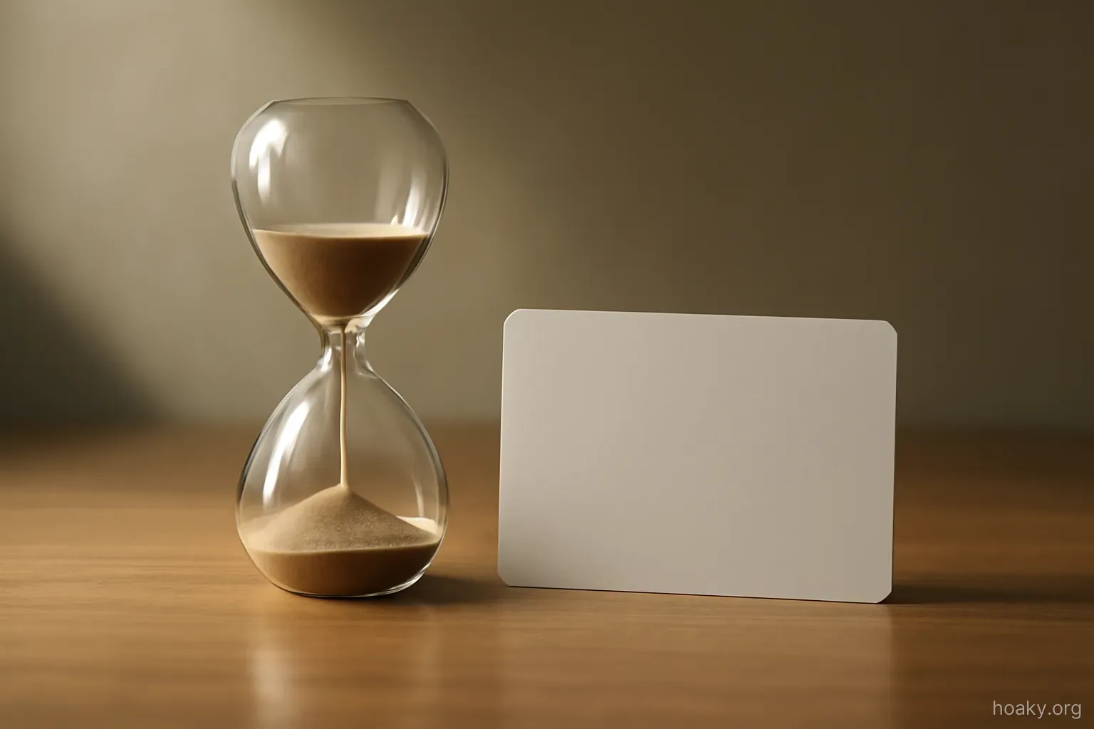 an hourglass standing beside a plain plastic card on a bare desk, side lighting
