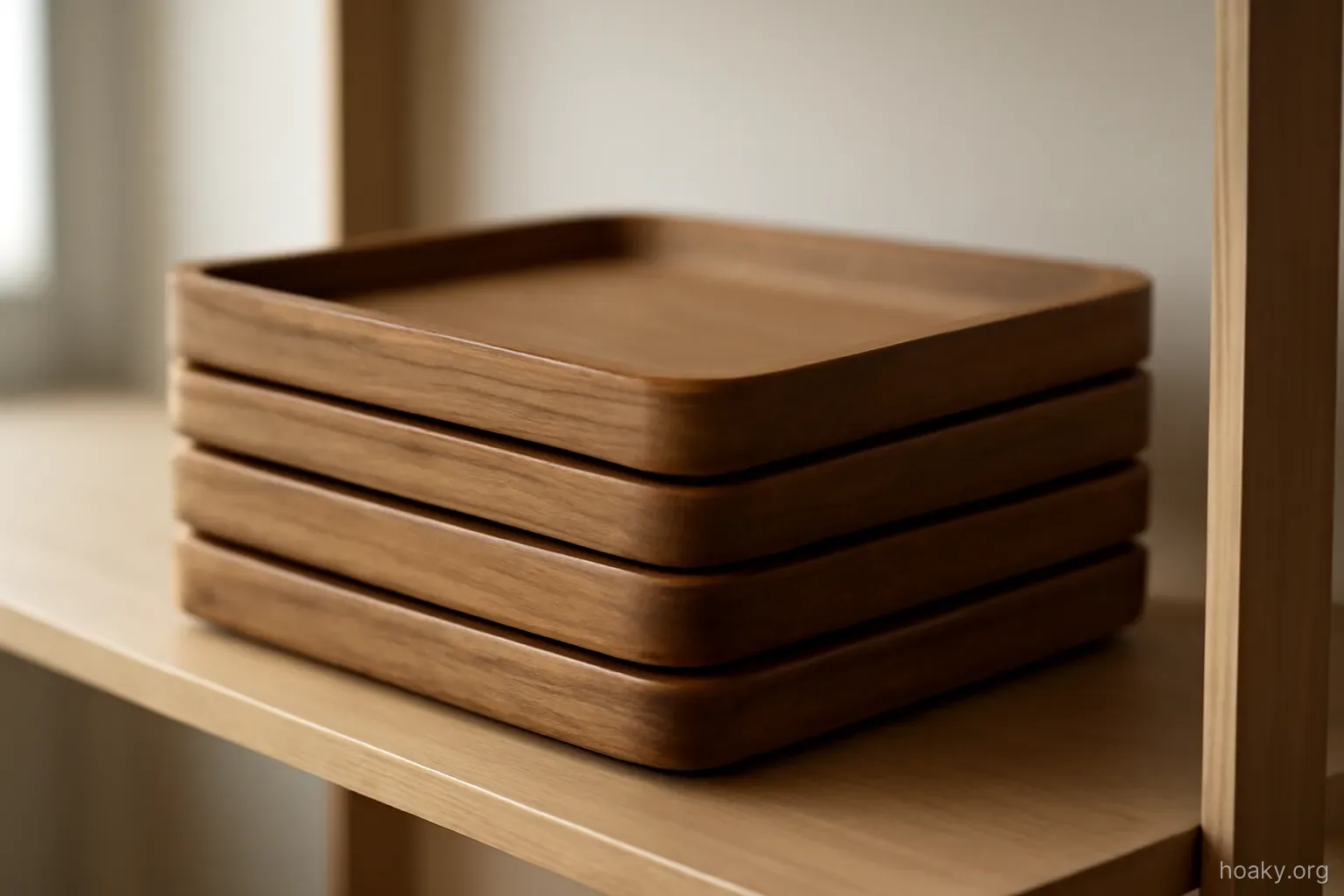 a set of stacked wooden trays of different depths arranged on a shelf, seen from the side