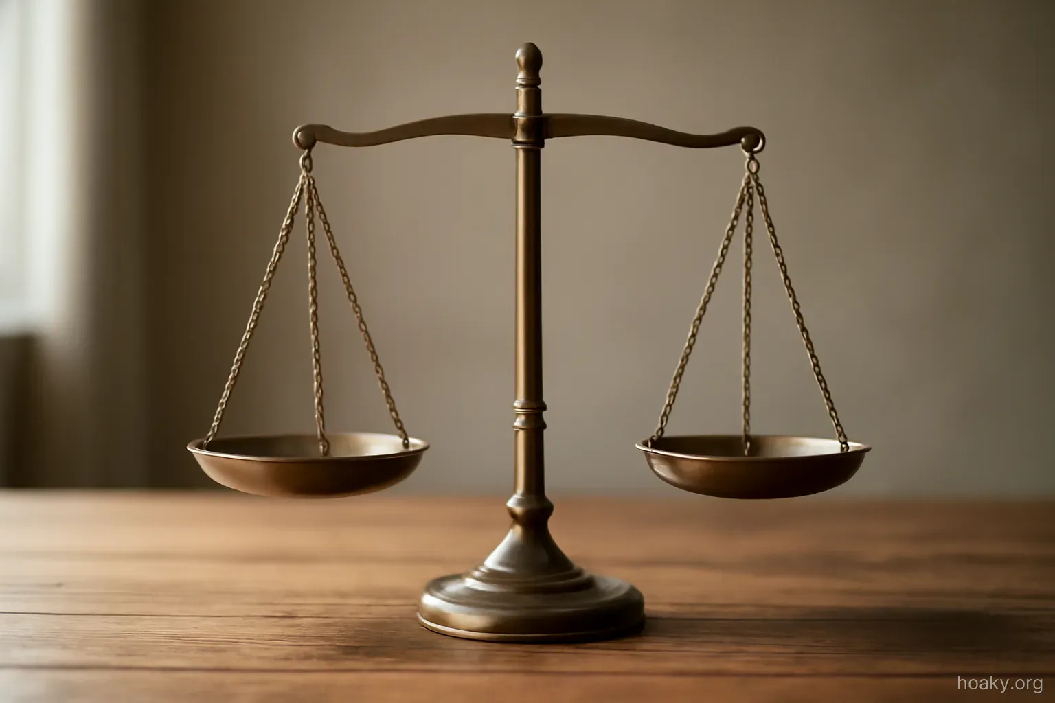 a simple balance scale in equilibrium on a wooden surface with nothing in either pan