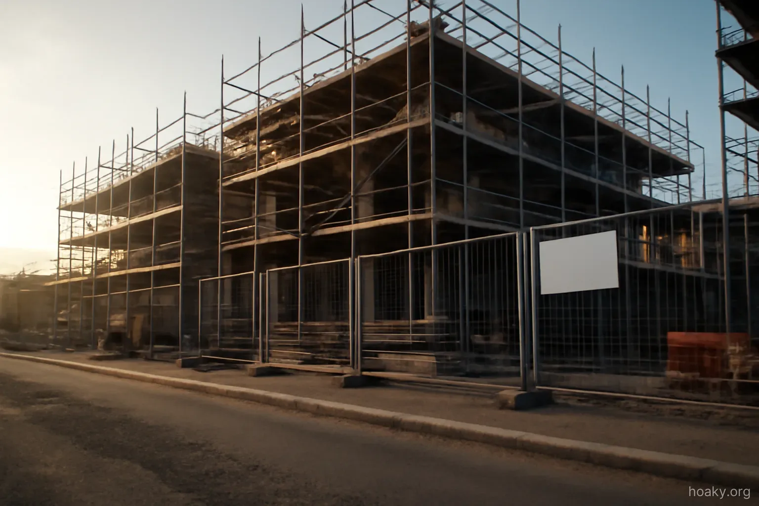 a construction site at early morning with scaffolding and no workers yet, wide angle from street level