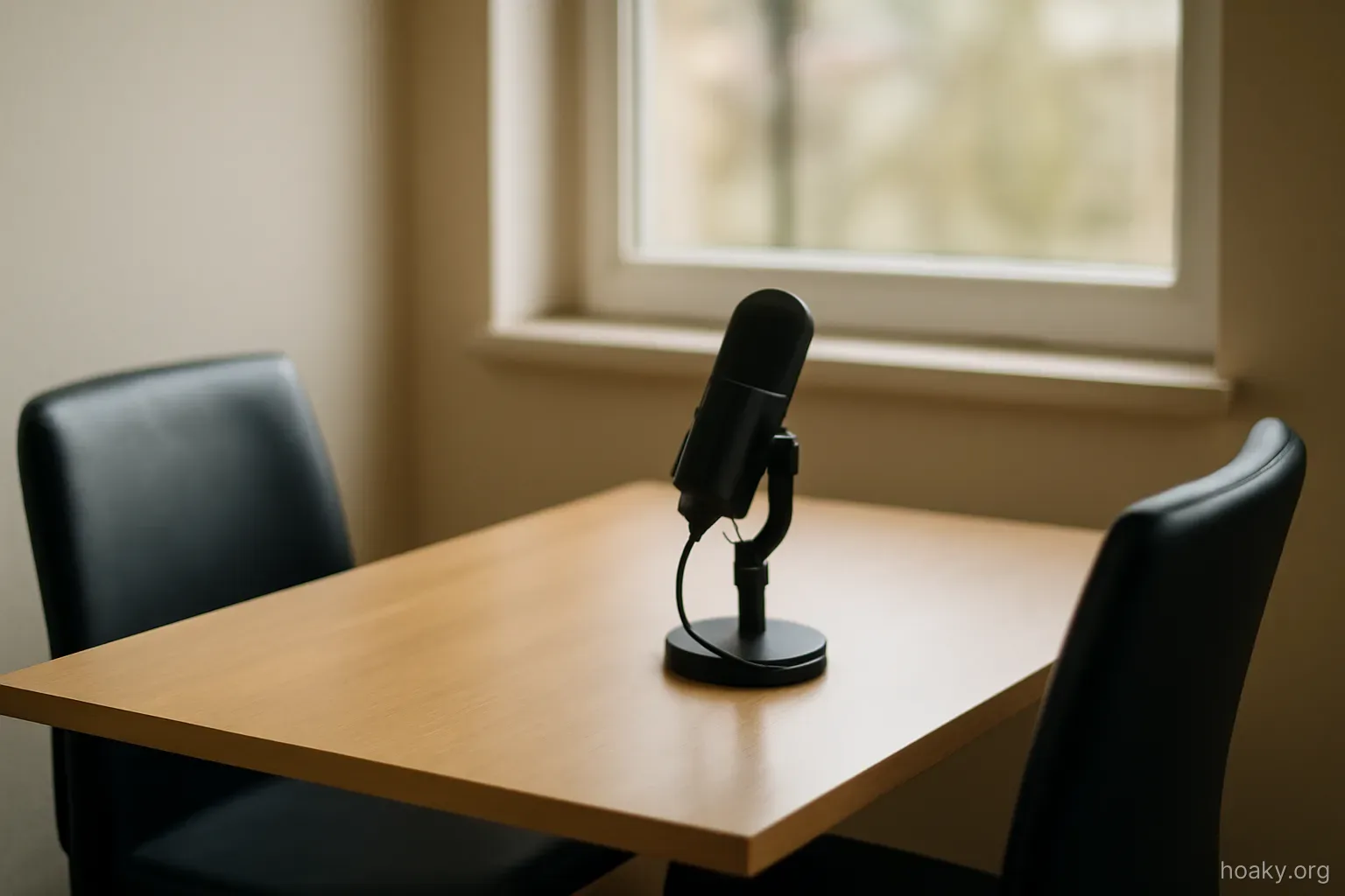 a small window counter with a microphone grille and two empty chairs on opposite sides