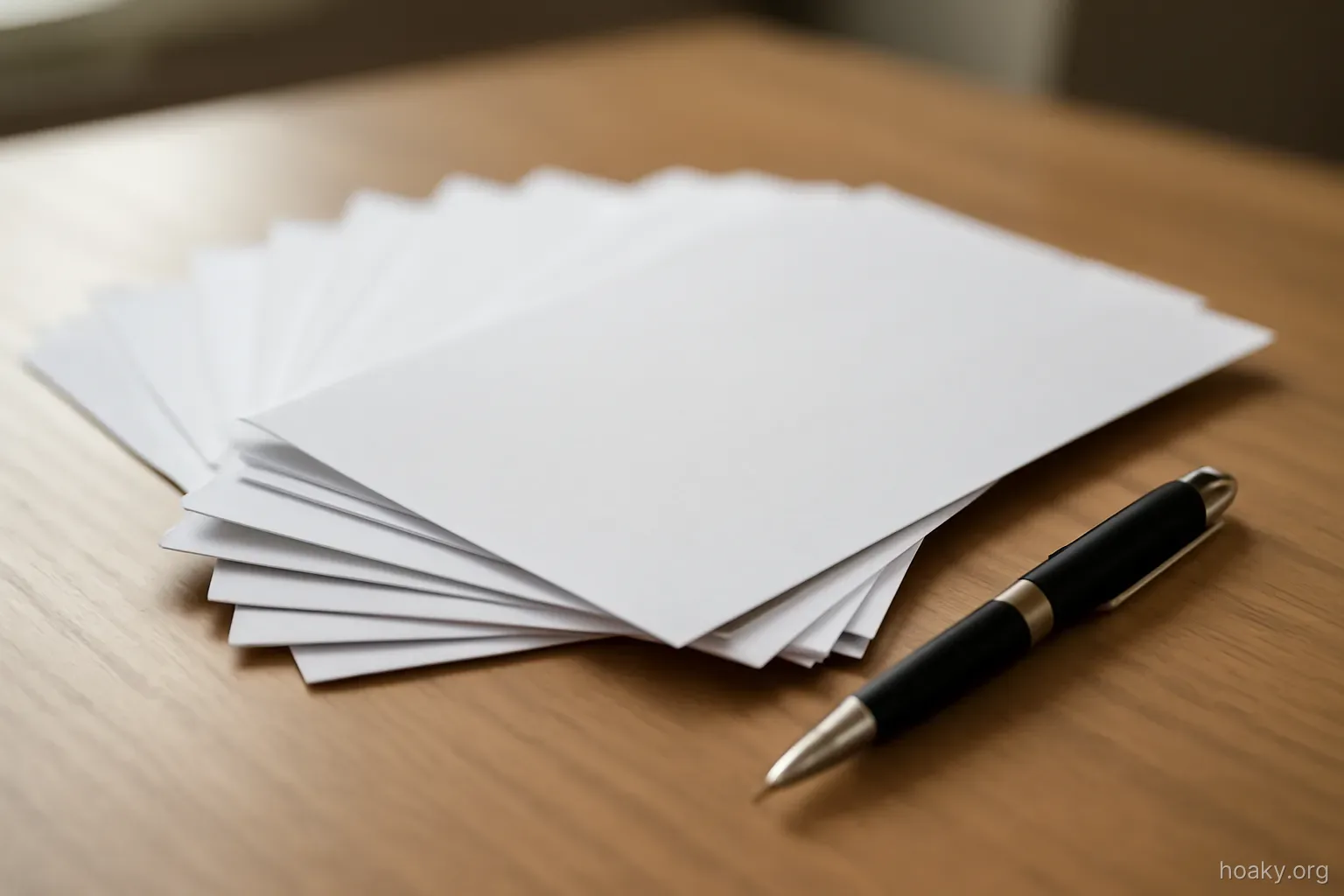 a folder of assorted papers spread in a fan shape on a table next to a pen