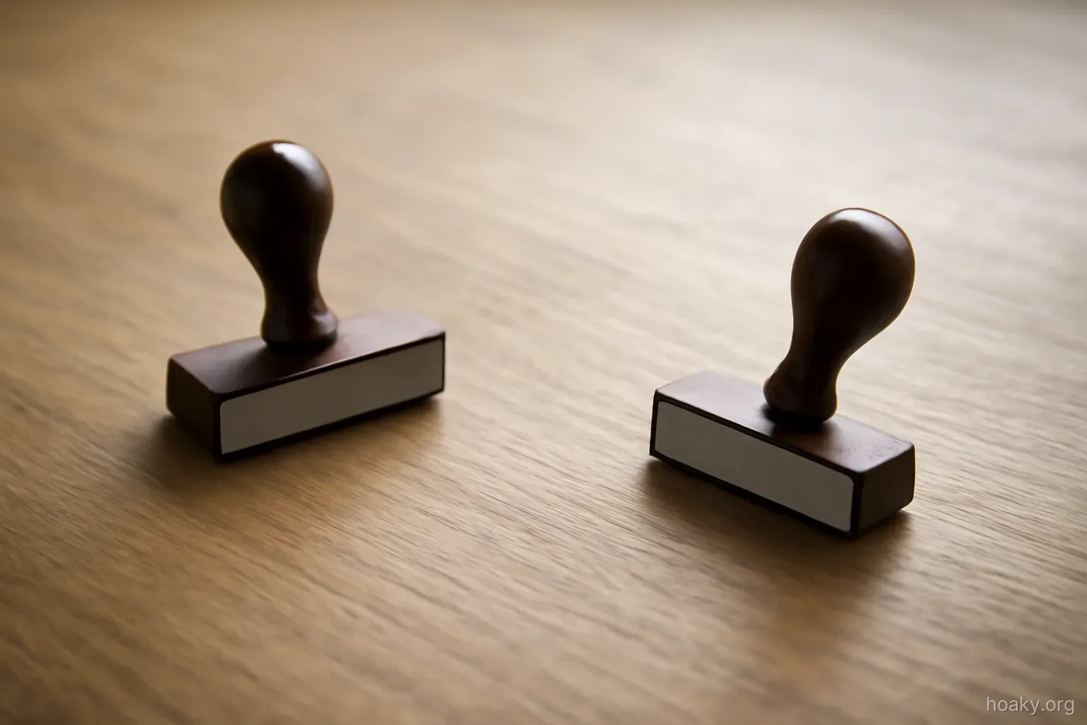 two identical stamps lying apart on a desk with a long gap of empty wood between them