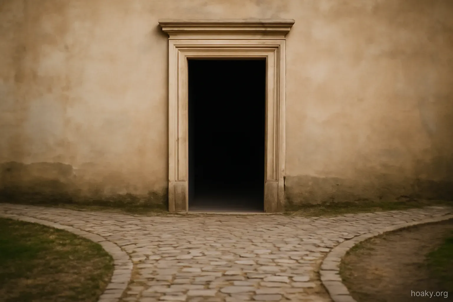 a single doorway with two separate paths leading away from it in different directions