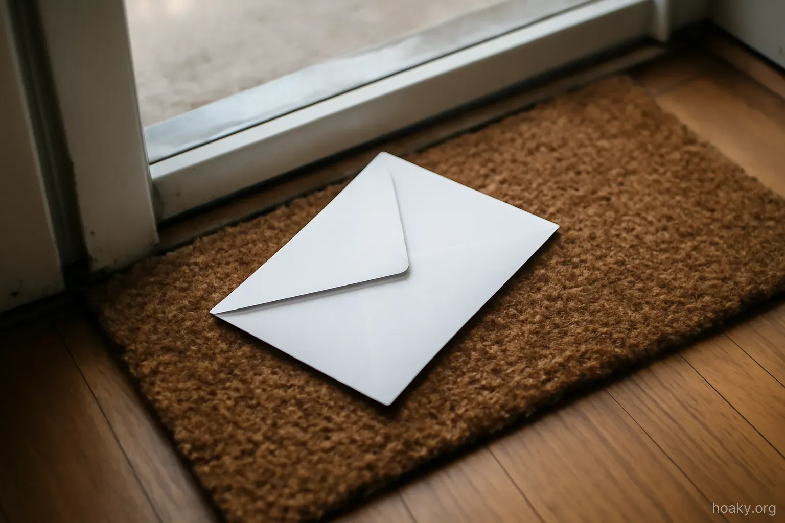 an envelope lying half opened on a doormat inside a front door, seen from above